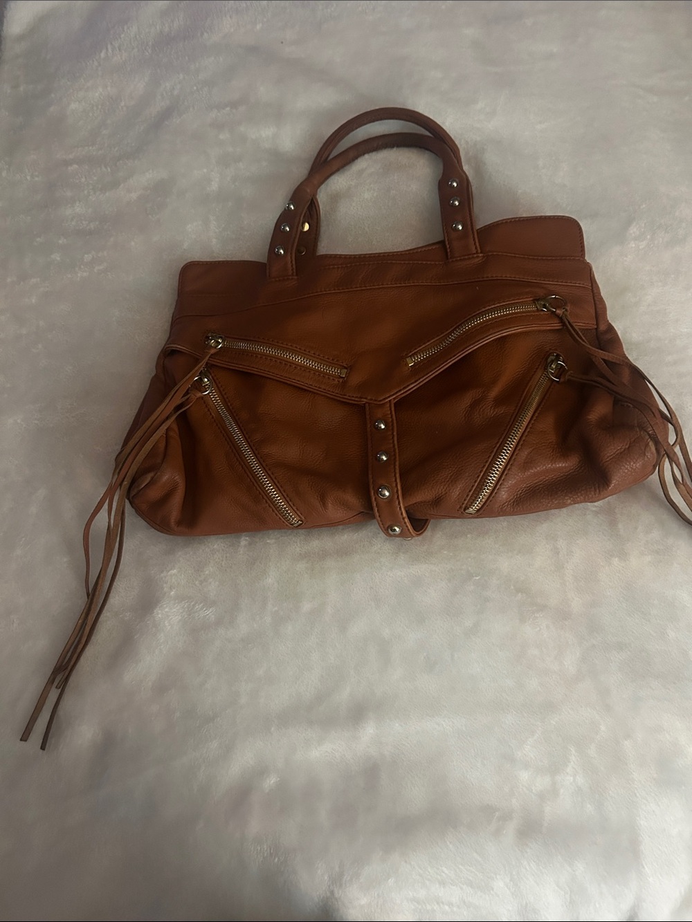 Botkier Tan Leather Shoulder Bag with Studded Accents and Tassel Zippers